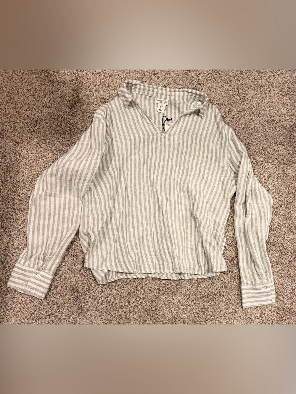 Split-Neck Striped Linen Top - Green & White